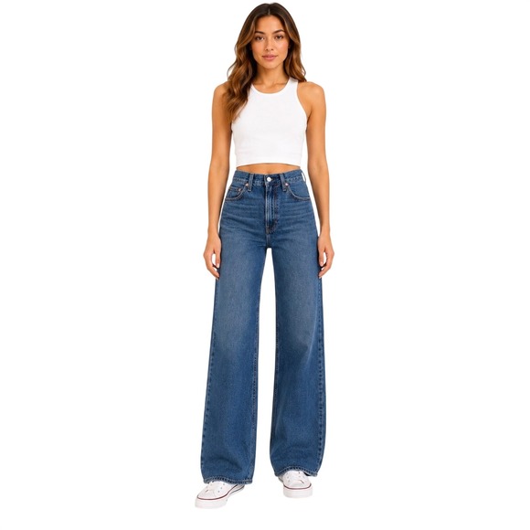 Levi's Denim - Levis Ribcage Wide Leg Jeans High Rise Medium Wash Blue Denim W26